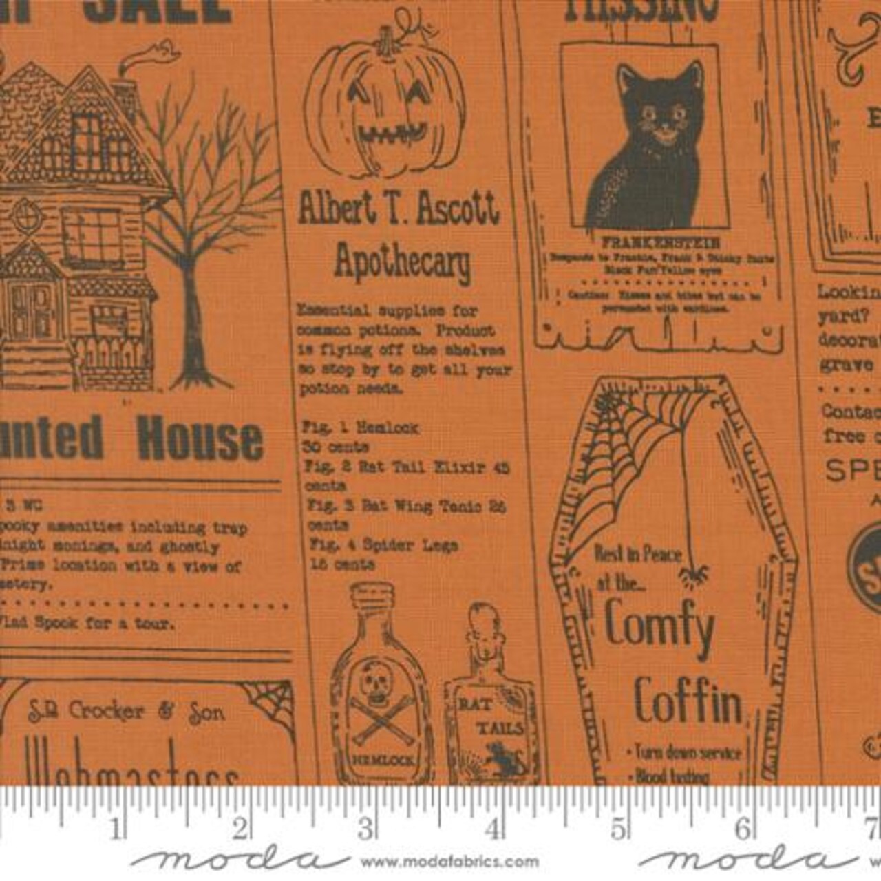 Fabric Moda Pumpkin Vintage Newspaper Home Sweet Haunt by the Quarter Yard 20910-14